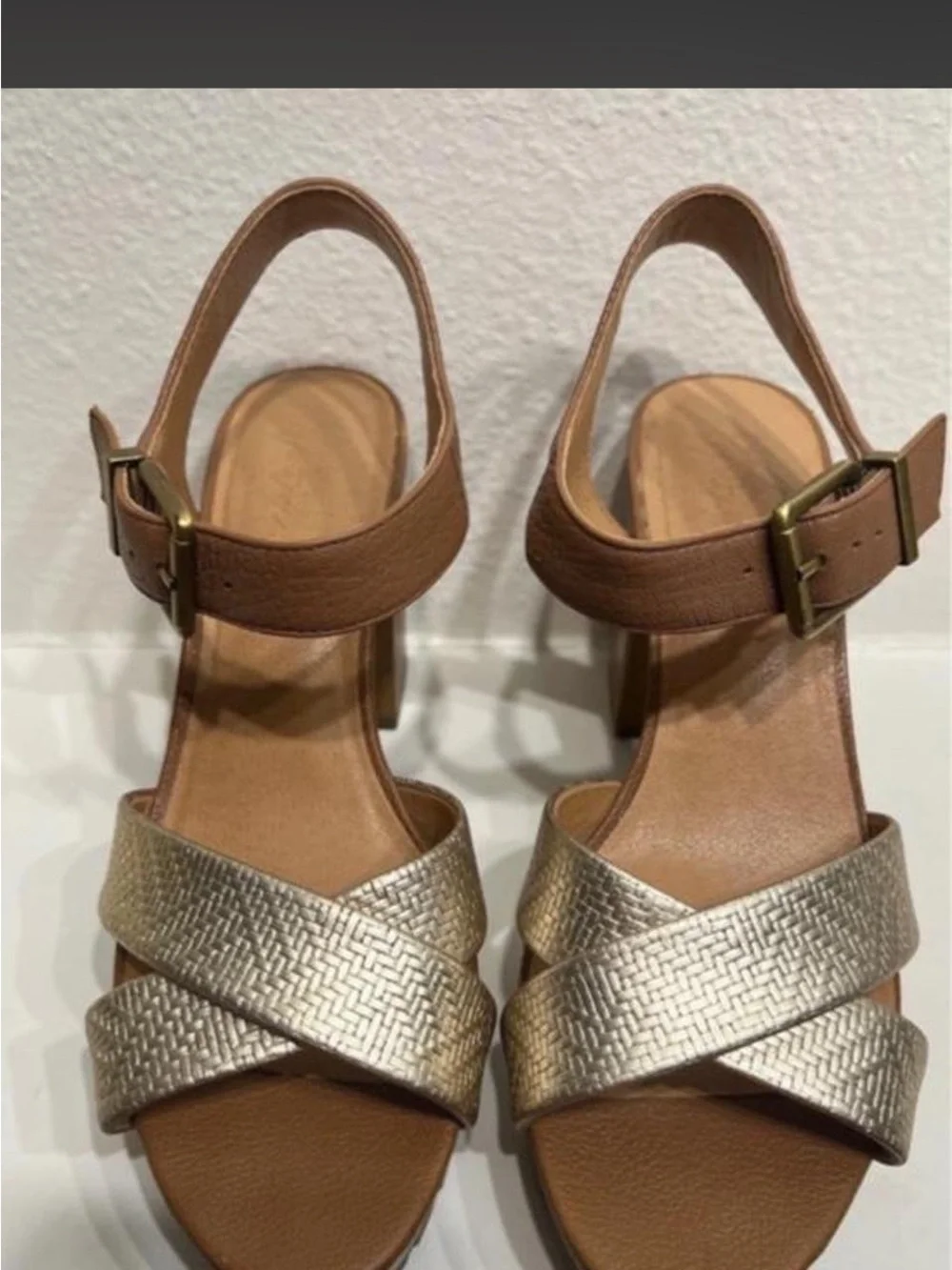 Crown Vintage Platform Block Heel Sandals in Metallic and Tan